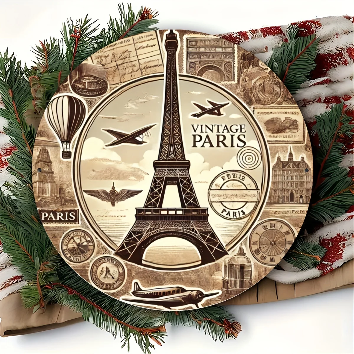 2D planar drawing, single piece, retro Paris Eiffel Tower circular logo retro wall decoration piece