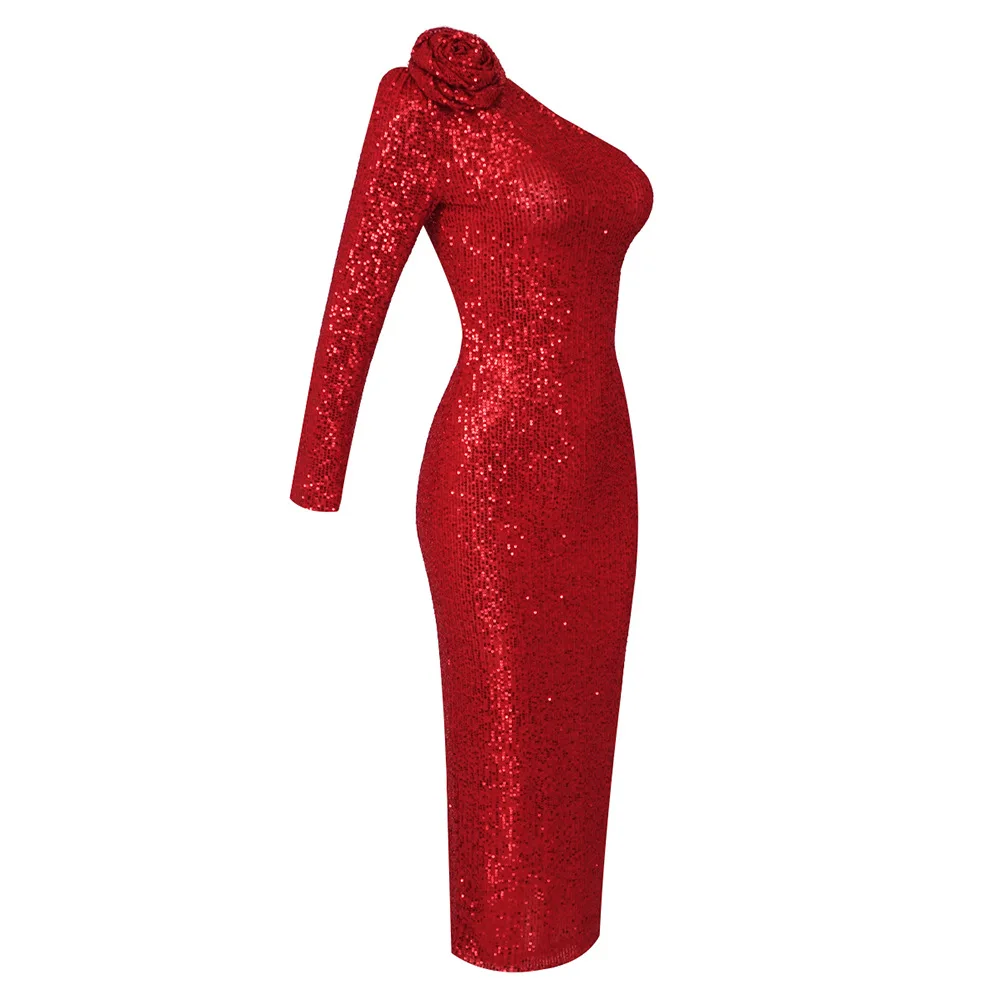 2024 New Arrival Red Flower One Shoulder Sequined Dress Long Women's Long Sleeve Dress Autumn and Winter