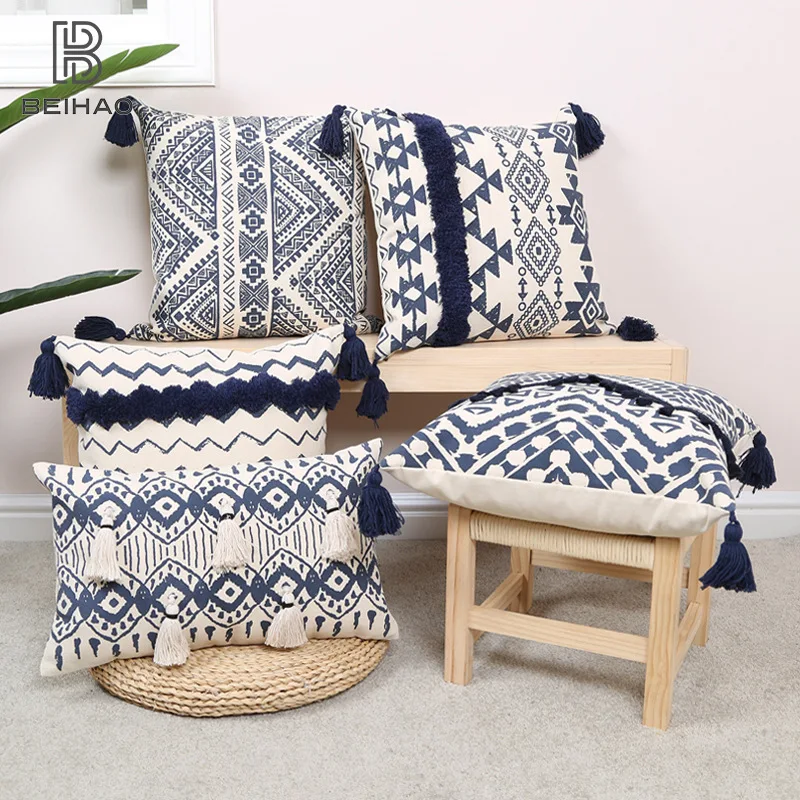 

Navy Blue Ethnic Style Geometric Printed Cushion Cover Cotton Tufted Tassels Decorative Pillows for Sofa Living Room Pillowcase