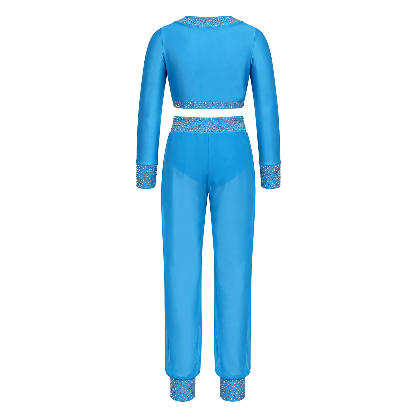Kids Girls Shiny Sequin Crop Top with Mesh Pants for Stage Performance Dancewear Jazz Dance Outfit Long Sleeve Ballet Clothes