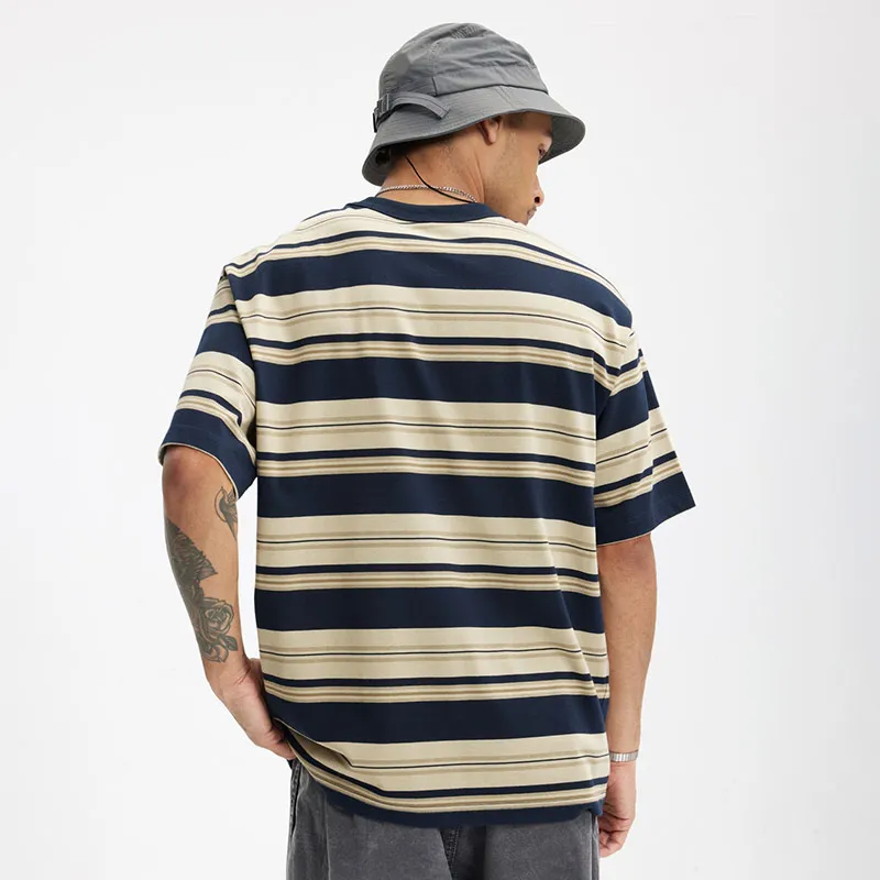 Men Striped Pocket T-shirt Summer New American Trendy Brand Loose Flocking Print Men Short-sleeved 8076S25