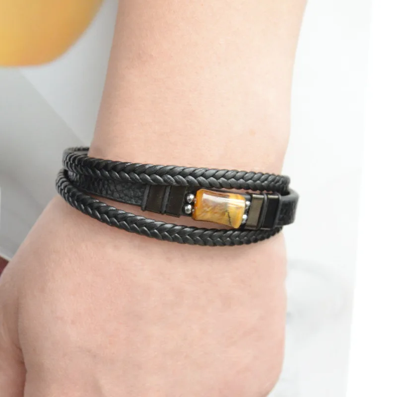 1 stücke männer Armband Multi Schicht Leder Cat Eye Stein Magnetische Schnalle Kreuz Armband Trendy Retro Coole Armband Zubehör
