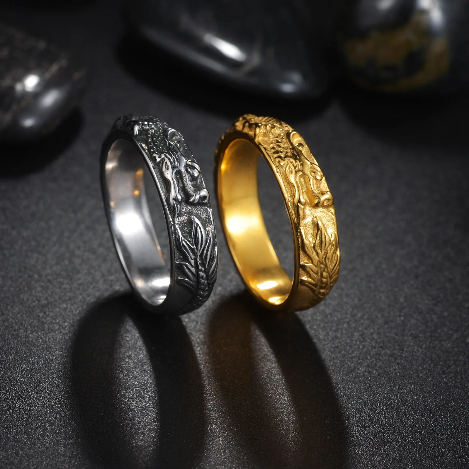 Retro Wide Textured Carved Geometric Kelter Dragon Animal Stainless Steel Men's Women's Couple Rings Gothic Punk Jewelry