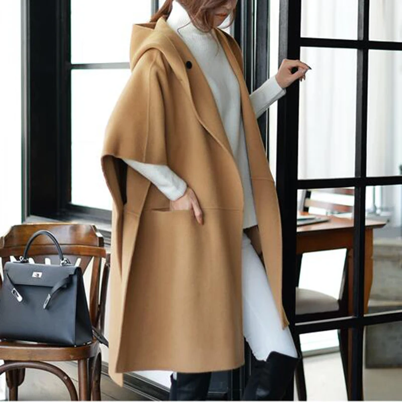 

Autumn Winter New plus Size Women's Color Mid-Length Woolen Coat Loose Batwing Sleeve Hooded Cloak Street Style Casual ...