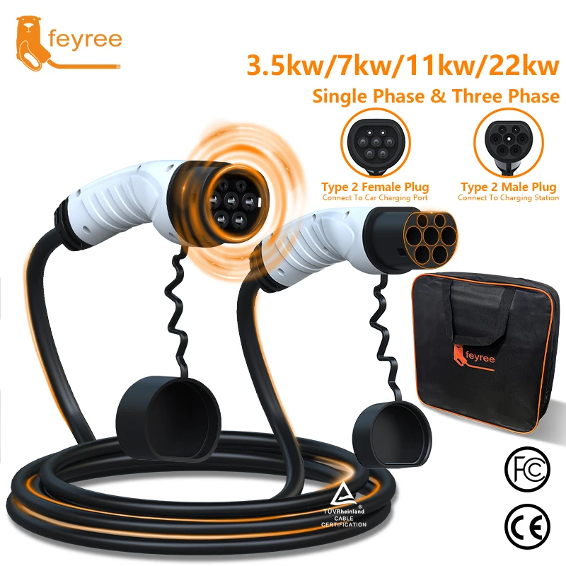 Feyree EV Charger Type2 cavo di ricarica lato auto a tipo2 spina maschio 16A 3.5KW 32A 7KW 1 fase 11KW 22KW 3 fasi per auto elettrica