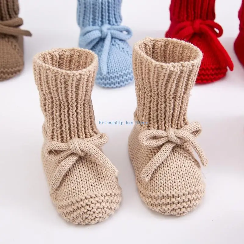 F1CB Babyschoenen met antislip onderkant, katoenen gebreide laarsjes met decoratieve strik
