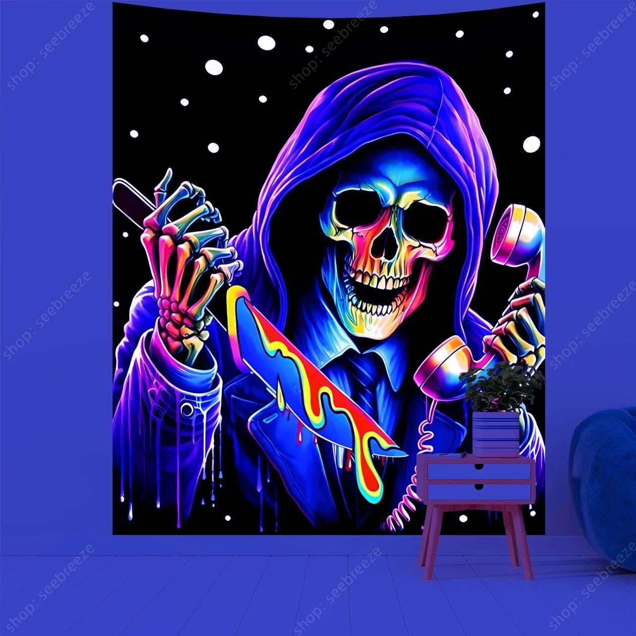 

Skull Cold Ghost UV Reactive Tapestry for Halloween Decorative Props Witchcraft Hippie Wall Hanging Bohemian Art Room Wall Decor