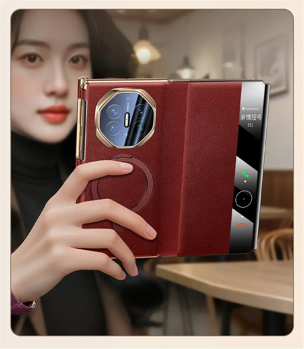 

Natural Cowhide Leather Wireless Charging Flip Case For Huawei Mate XT XTS Window View Bracket Cover