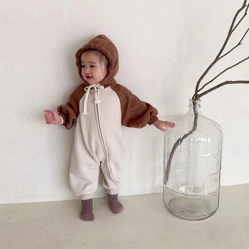 ZOETOPKID Newborn Baby Jumpsuit Spring and Autumn Pure Cotton Hooded Boy's One Piece Clothes Casual Long Sleeve Rompers