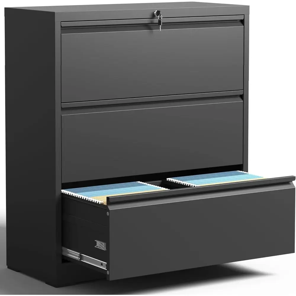 Metal Lateral File Cabinet with Lock, Wide Drawer Storage for Letter/Legal Files, Assembly Required, Black