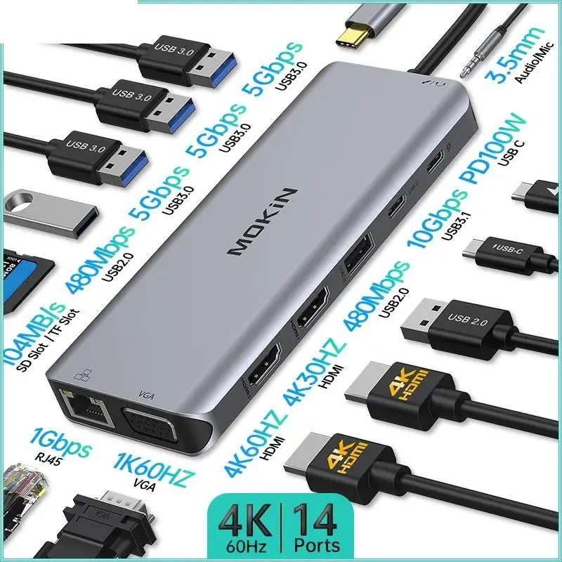 Top 14 in 1 USB Hub Docking Station for MacBook Air/Pro iPad Thunderbolt Laptop USB-C 3.0 HDMI 4K30Hz PD 100W RJ45 1Gbps Audio