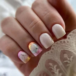 24pcs/set Short Ou Square Wearing False Nails Glitter Fairy Butterfly Paste Press on Nails Full Coverage Acrylic Fake Nails Tips