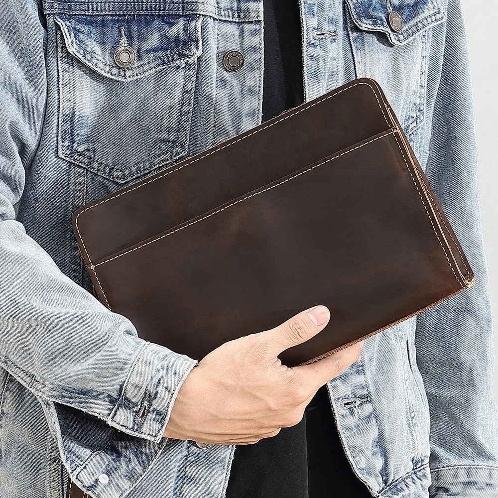 

Genuine Leather Men's Handbag Top-Grain Crazy Horse Leather Portfolio, Vintage Casual Carryall for Business & Daily Use