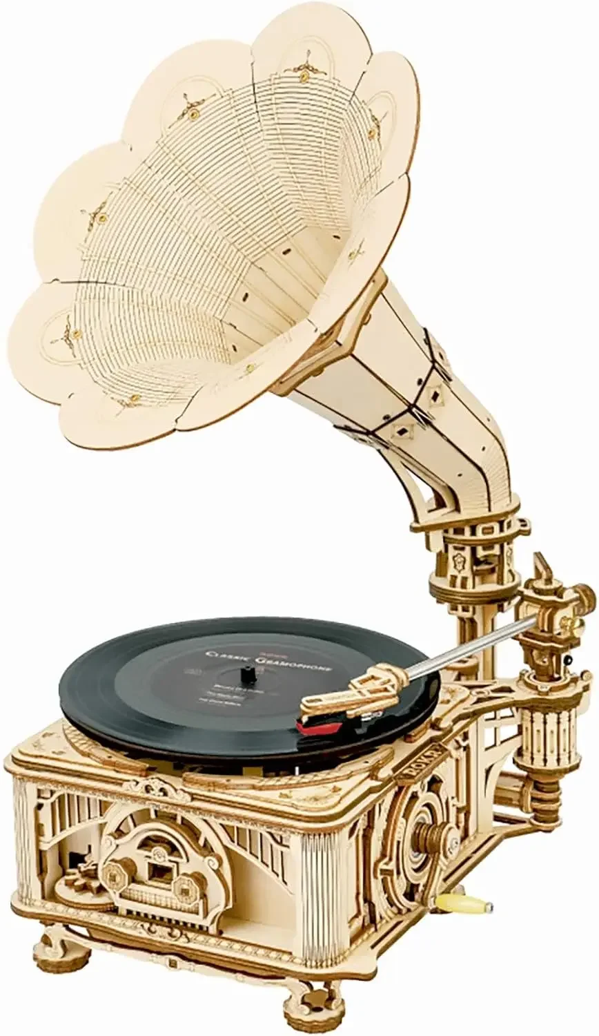 3D Wooden Puzzles Gramophone, DIY Mechanical Model Kit Record Player Support 7