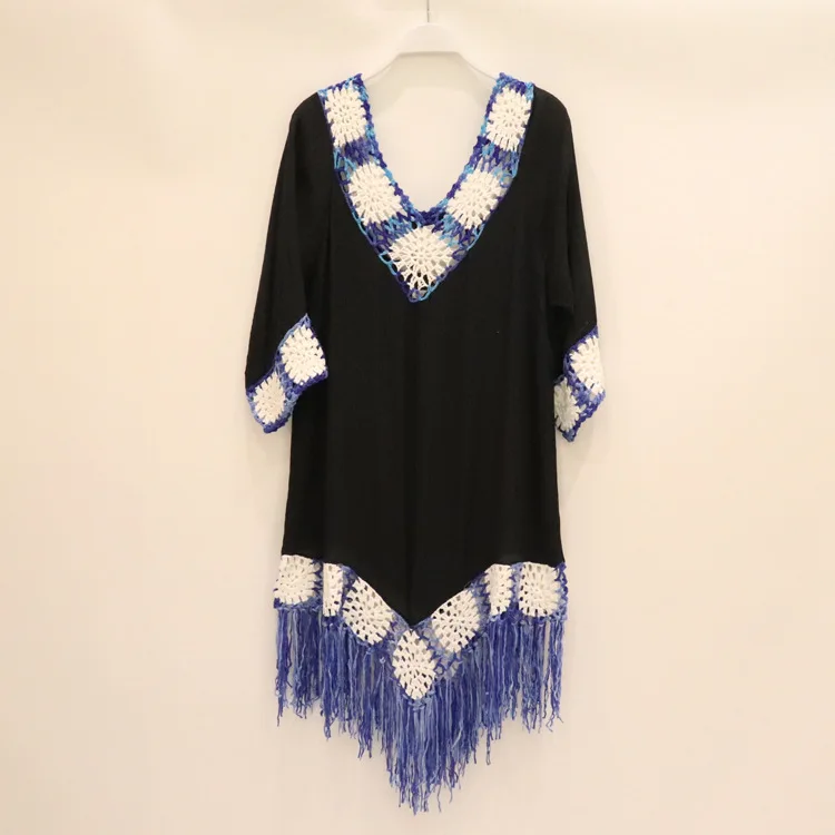 Blue Hand Crochet Fringed Summer Beach Cover-up Dress for Women Tassels Half Sleeve Bohemian Style Sundress Beachwear Tunic