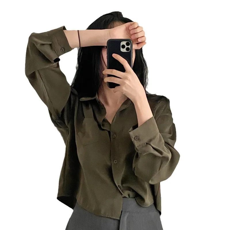 قميص نسائي كوري أنيق بتصميم عتيق على الطراز الغربي وطية صدر السترة عصري متعدد الاستخدامات وقميص بصدر واحد بلوزات نسائية قصيرة