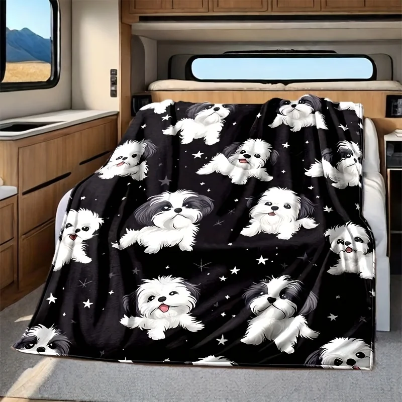 Cute Shih Tzu Print Blanket, Soft And Warm Thickened Flannel Blanket, Universal for All Seasons, Home Nap Air-Conditioning Blank
