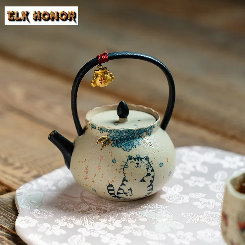 125ml Hand-painted Cat Hydrangea Lifting Handle Teapot Vintage Tea Infuser Pot Tea Making Kettle With Ball Hole Teaset Ornaments