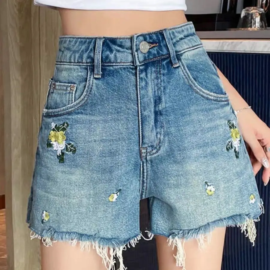 Eksplozjowe jeansowe szorty, letni nowy styl, pikantna dziewczyna, wysoki stan, wyszczuplające, obcisłe, podkreślające biodra, krótkie spodenki w kształcie litery A.