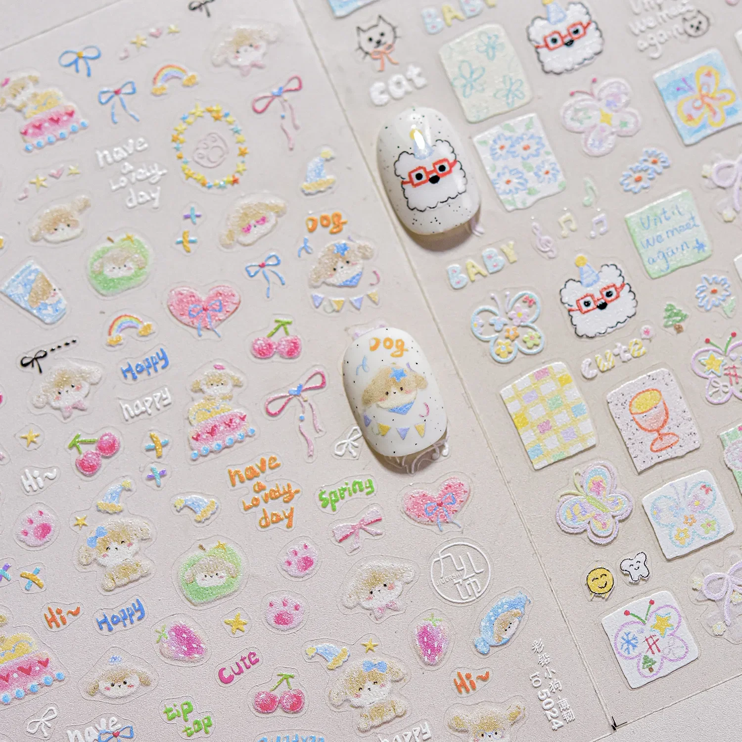 カラフルなバルーンかわいい子犬の花桜ちょう結び愛幸せな犬動物自己粘着ネイルアートステッカー装飾マニキュアデカール