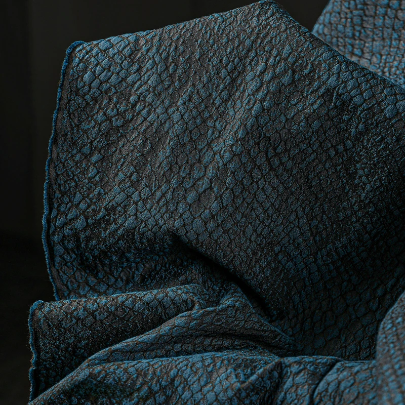 Peacock Blue-green Mottled Square Grid Fried Jacquard Fabric Vintage Mottled Lines Creative Clothing Designer Fabric