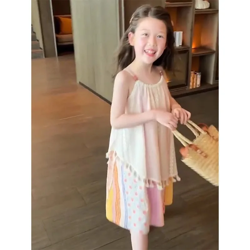 Girls' Summer Dress with New Style Children's Beach Sleeveless Vest Princess Fashion and Beautiful Dress
