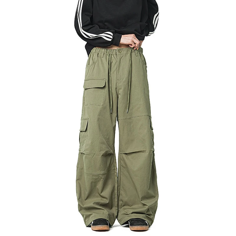 Unisex Multi-Pocket Cargo Pants Men Women Elastic Waist Baggy Wide Leg Workwear Trousers Breathable Loose Casual Pants