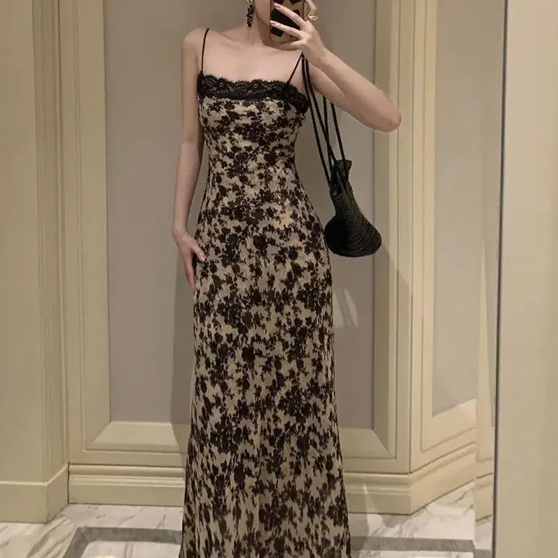 French Style Strap Floral Lace Trim Maxi Dress Summer Sweetheart Neck Women Slim Elegant Dating Evening Bag Hip Slip Long Dress