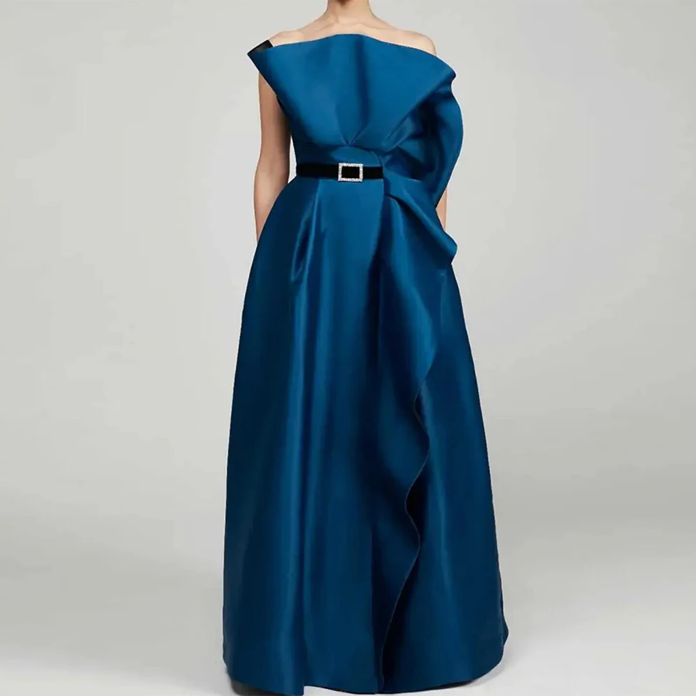 

Navy Blue Elegant Women's Evening Dresses Satin Ruffles Belt Evening Dress A-line Strapless Floor Length Dresses