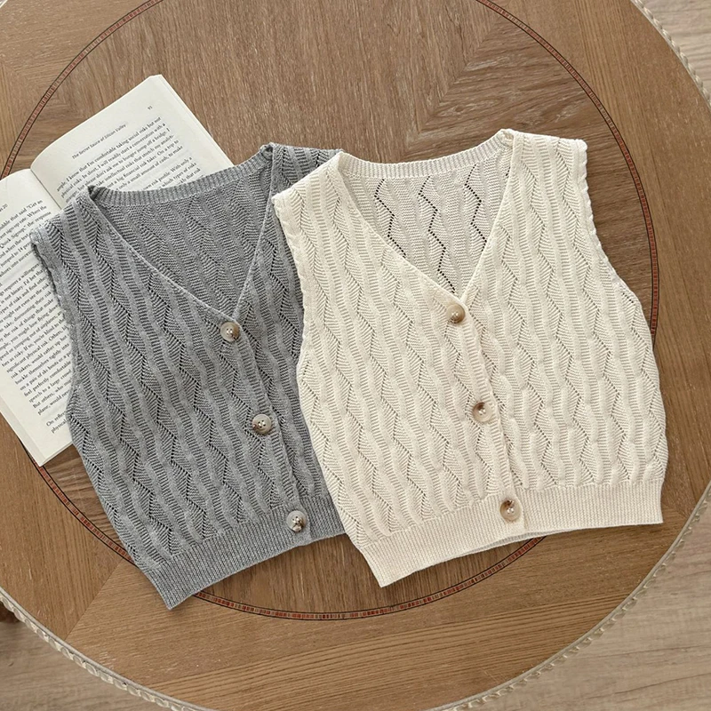 2025 New Autumn 0-3Yrs Children Clothes Newborn Boys Girls Sweater Coat Sleeveless Solid Color Hollow Out Toddler Baby Vest