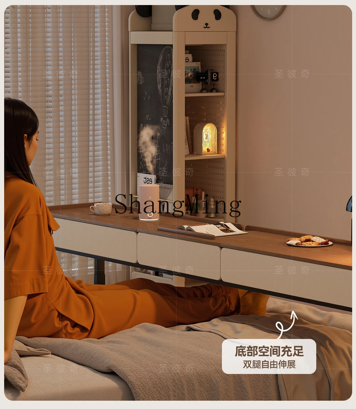 SM Vintage Style Lazy Bedside Table Movable Adjustable Height Solid Wood Bedside Table with Drawer Study Office Desk