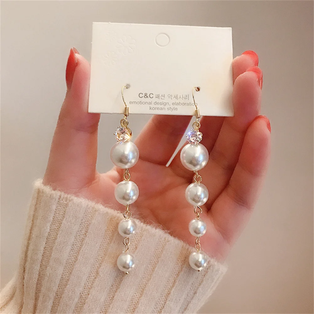 

Korean Fashion Jewelry High Quality White Pearl Long Earrings Elegant Women Party Travel Earrings Accessories