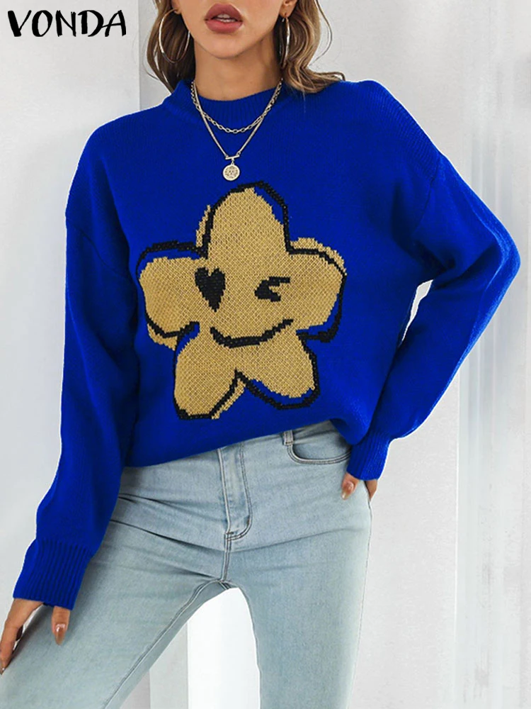 

VONDA 2025 осенние свитера женские повседневные свободные джемперы с длинными рукавами модные вязаные пуловеры с круглым вырезом женская зимняя верхняя одежда
