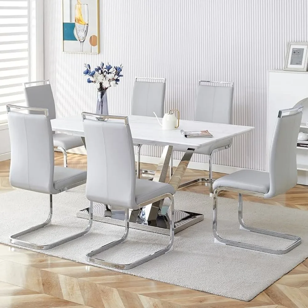 Ensembles de table à manger modernes, tables de cuisine et 6 chaises de salle à manger en similimarbre, cuir PU, 6 pièces