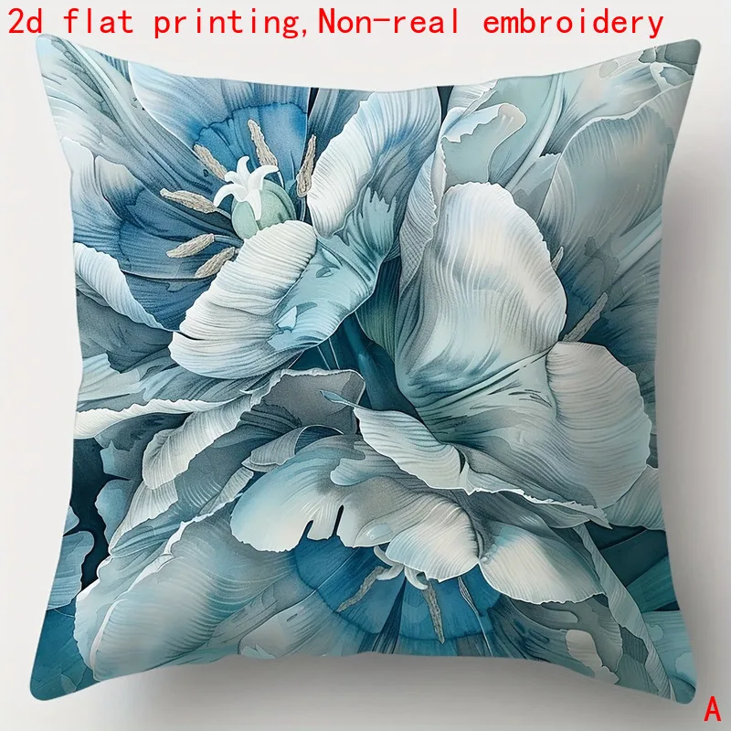 Luxurious Blue Tulip Floral Printed Pillow Cover Set Four Pieces Cushion Case Soft Decorative Home Accent Fabric Art Print