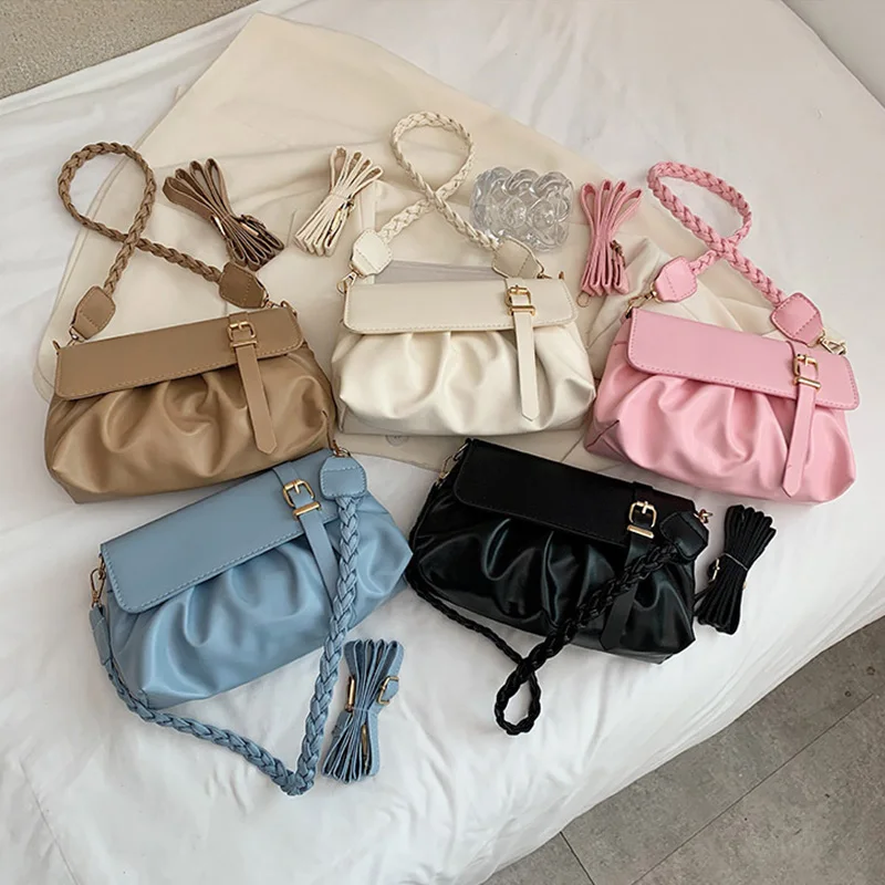 Simple Ins Casual Women's Shoulder Bag New Fashion Crossbody Bag Pleated Cloud Bag Candy Color Underarm Bag Handbags Day Clutch