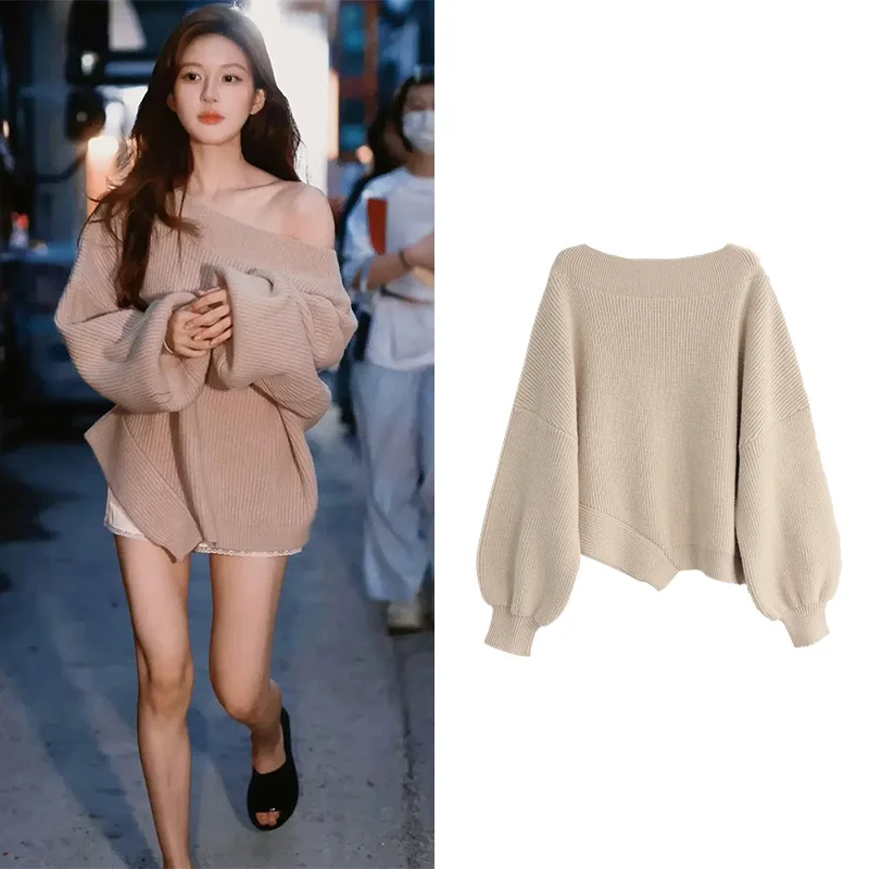 2024  Sep New Loose lazy style one-shoulder sweater mid-length versatile age-reducing knitted top wool sweater for women