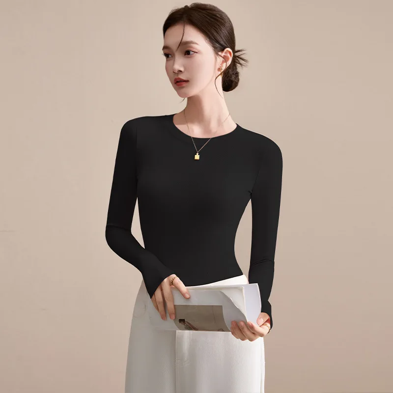 Round Neck Shoulder Long Sleeved Base Shirt for Women 2025 New Autumn Outfit, Slim Fit and Slimming, Inner Top T-shirt