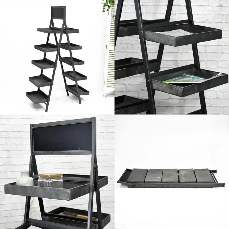 Vintage Industrial Metal Flower Stand Galvanized Ladder Design Folding Garden Plant Rack with Blackboard Antique Style