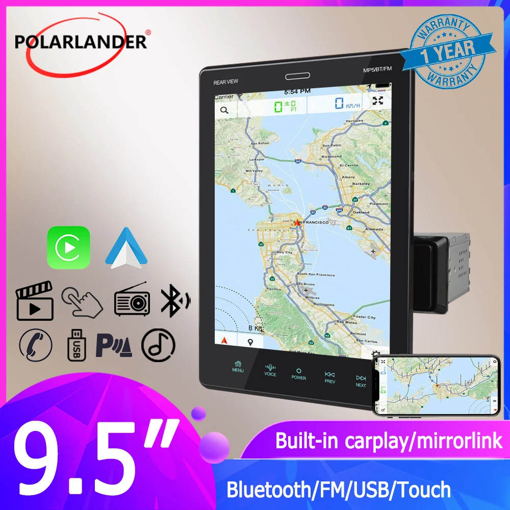 

9.5" 1DIN Car Multimedia Player Angle Adjustment Wince IPS Screen Autoradio Bluetooth Mirror Link Apple Carplay, Android Auto