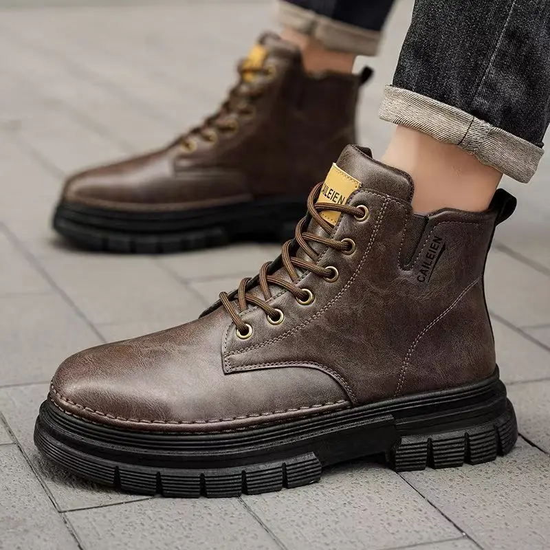 

Autumn Winter New Men Leather High Top Work Boots Thick Sole Non Slip Waterproof Lace Up Retro Outdoor Ankle Hiking Shoes