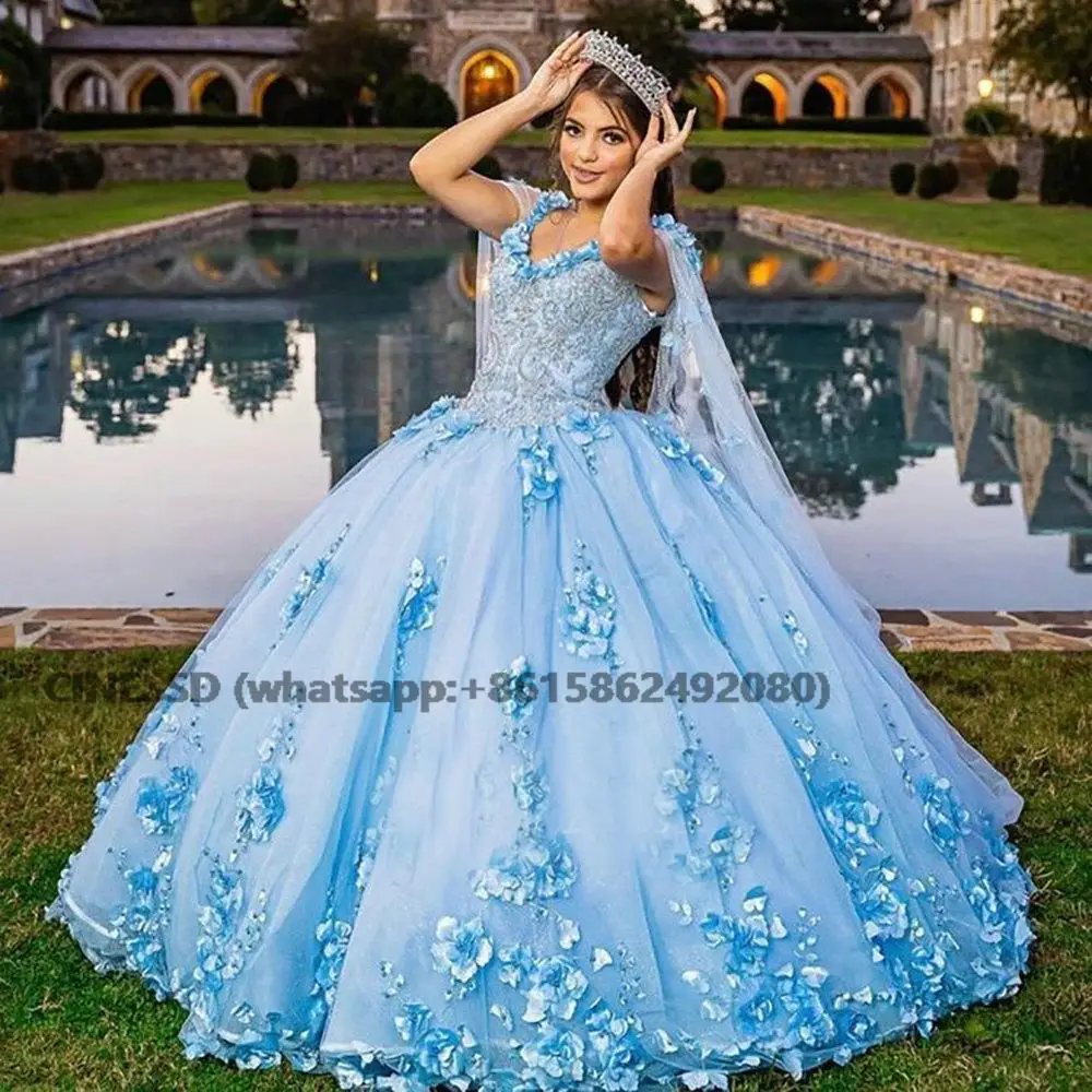 Vestido De baile De quinceañera con flores hechas a mano, azul cielo, espalda abierta, chal, apliques De encaje, hombros descubiertos, 15 años