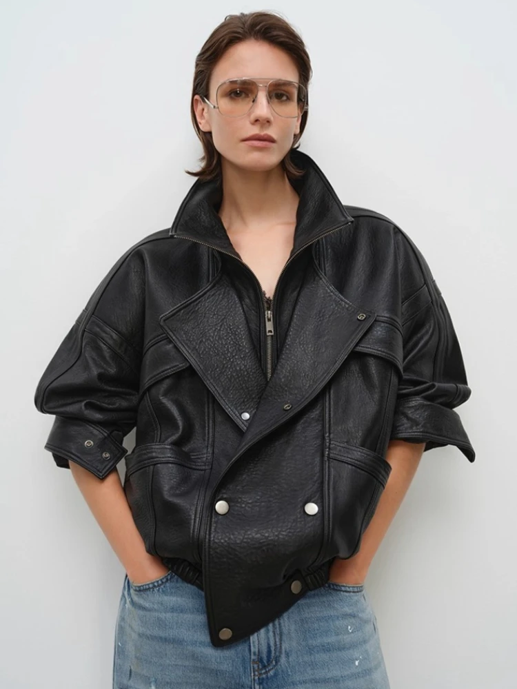 Vintage Genuine Leather Motorcycle Jackets for Women Autumn Winter High-end Solid Simple Stand Collar Bubble Real Sheepskin Coat