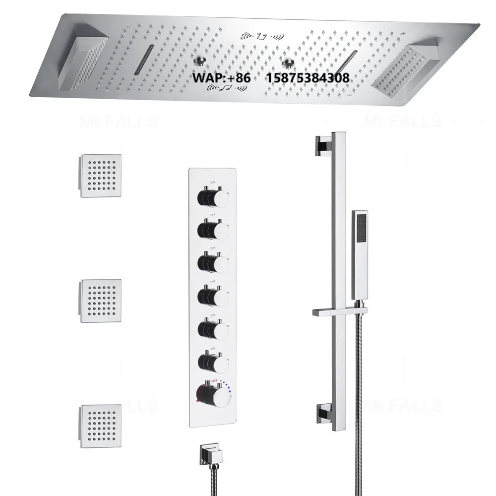Luxurious Music Large Thermostatic 64 LED  Colors Rainfall Shower System Six Functions Shower Faucet Set