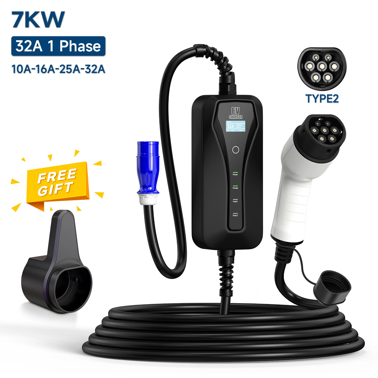 32A 7KW Portable EV Charger Type2 IEC62196-2 EVSE Charging Cable Type1 SAE  J1772 CEE Plug Controller Wallbox for Electric Car