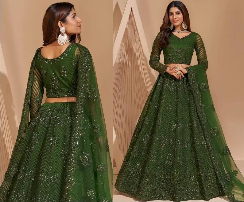 Lehenga Choli Evening Occasion Dresses with Wrap Hunter Green Traditional Lehangas Choli Caftan Long Sleeve Prom Gown