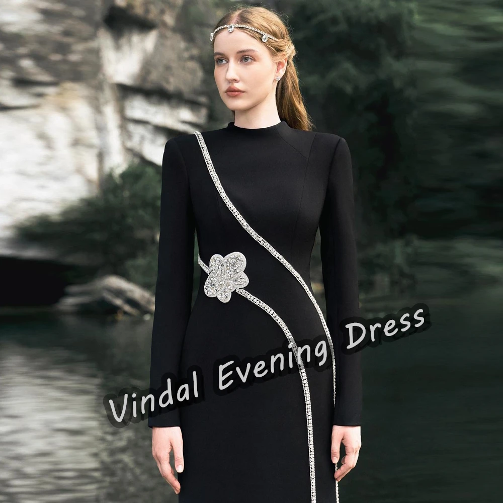 Vindal Evening Dress O-Neck Floor Length Straigt Built-in Bra Elegant Crepe Long Sleeves Sexy Flower Saudi Arabia For Woman 2024