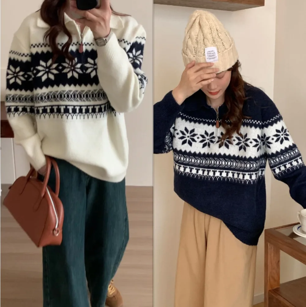 

Retro Jacquard Knitted Sweater Women Loose Casual Thick Knit Pullover Jumper
