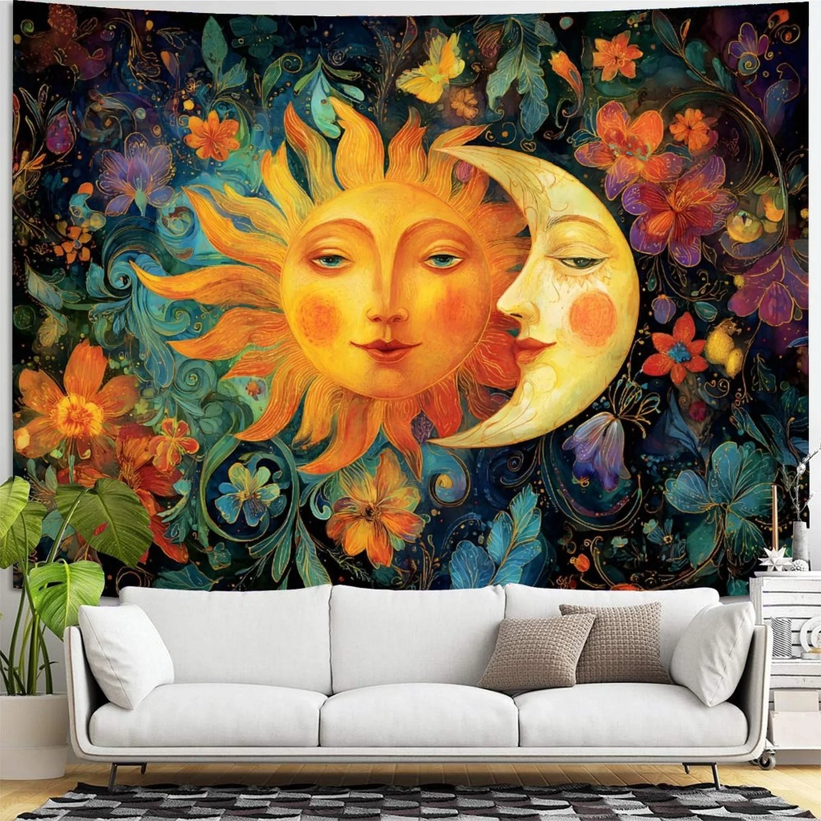Mystical Sun Moon Tapestry Boho Wall Hanging Celestial Cosmic Decor Bohemian Art Print for Bedroom Living Room Home Decoration W