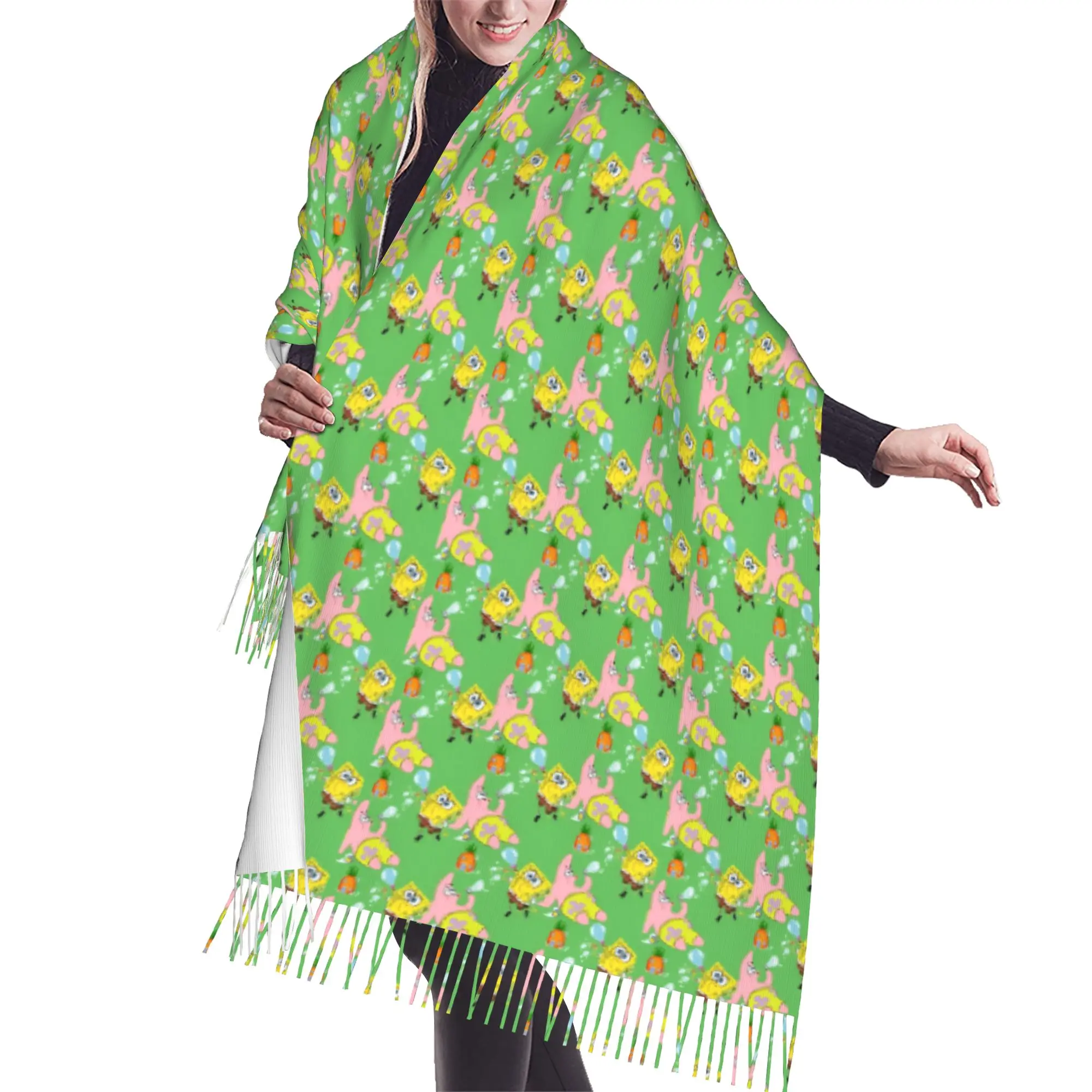 Custom Lady Long S-Sponges Anime Bobes Scarves Women Winter Thick Warm Tassel Shawl Wraps Starfish Cartoon Scarf